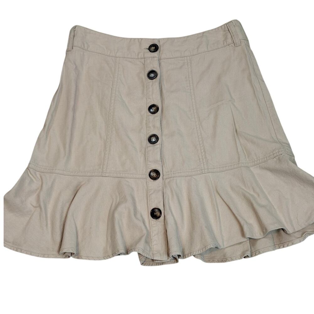 Nine West Tan Khaki Button Front Ruffle Skirt Cotton Rayon Soft Safari Small
